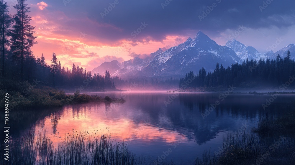 A breathtaking view of a calm lake reflecting the colorful hues of a stunning sunrise over a majestic mountain range. A breathtaking view of a calm lake reflecting the colorful hues of a stunning sunrise over a majestic mountain range.