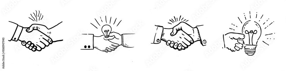 Obraz premium Design for a simple line drawing of the business handshake using a doodle hand-drawn icon.