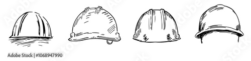 Icon of an engineer helmet, hand drawn on a white background with an outline of a hard hat. This icon can be used for print, web, mobile, or infographics .