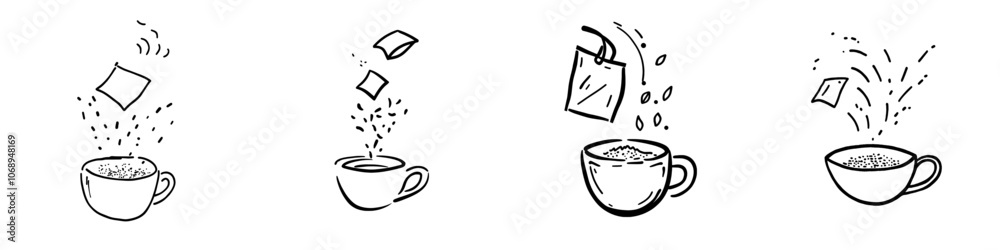 Adding sugar to coffee or tea. Filling a sachet of soluble powder into the cup. Opening a paper pack stick containing medicine or food sugar. Adding sugar to coffee or tea. Filling a sachet of soluble powder into the cup. Opening a paper pack stick containing medicine or food sugar.
