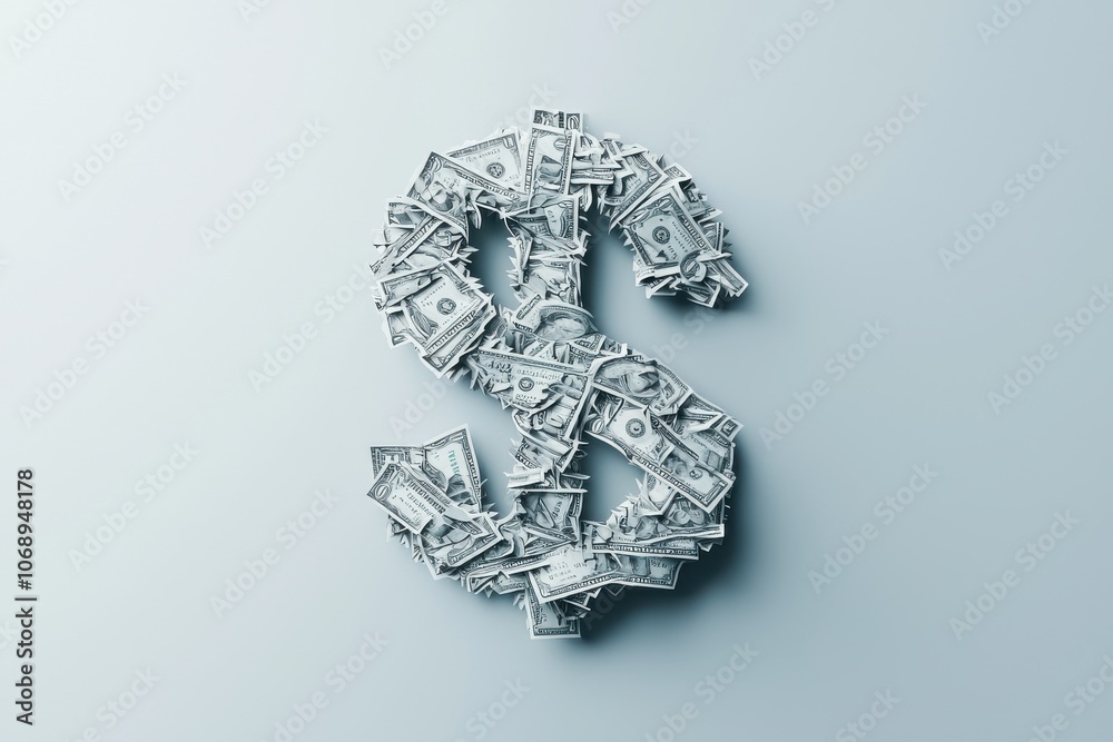 3d dollar sign made of cash banknotes symbolizing wealth and prosperity in low resolution 3d dollar sign made of cash banknotes symbolizing wealth and prosperity in low resolution