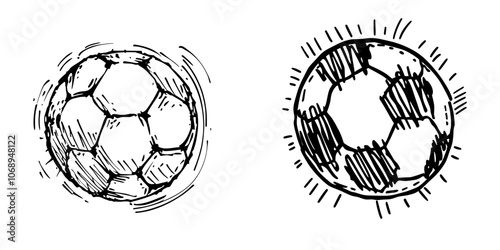 A hand drawn soccer ball icon in doodle style. Sport element isolated on white background.