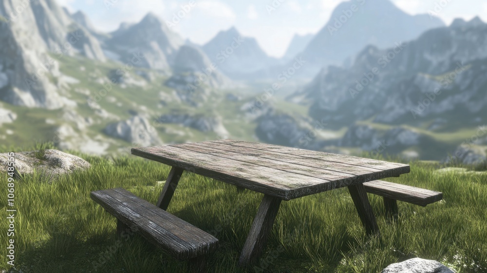 Fototapeta premium Weathered wooden table on grassy mountain cliff, with views of towering peaks and clear skies