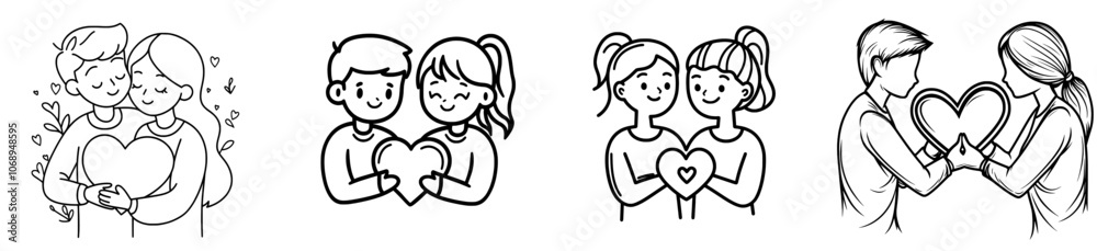 Cartoon outline illustration of a cute gay couple hugging each other on Valentine's Day Cartoon outline illustration of a cute gay couple hugging each other on Valentine's Day