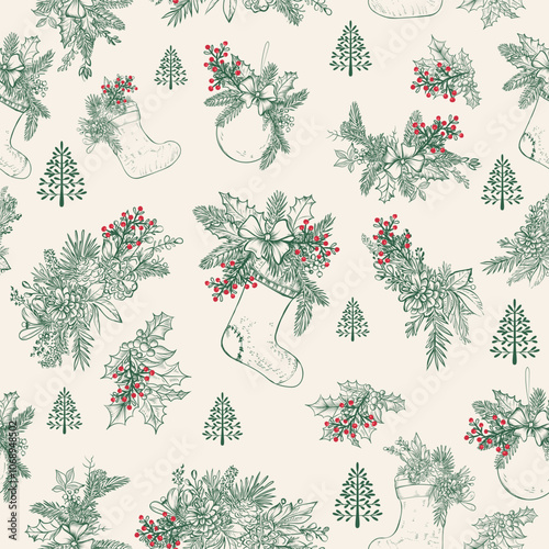 Christmas vintage style vector seamless pattern with had drawn branches, holly tree ad socks