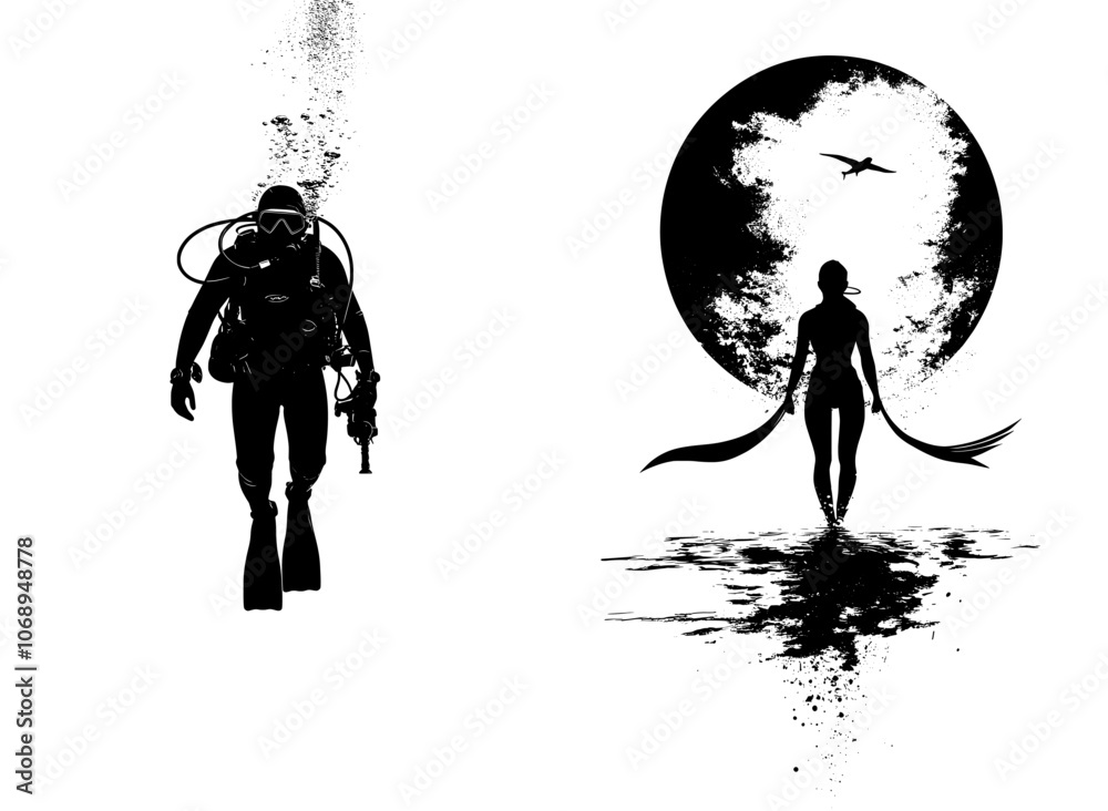 An illustration of a scuba diver silhouetted against a modern background