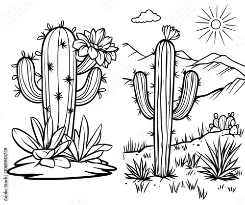 Icon of a cactus in trendy black fill style. Summer tropical botanical illustration doodle. Modern silhouette design isolated on transparent surface.
