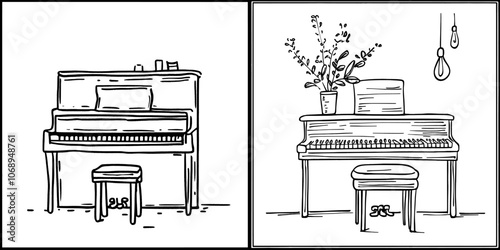 Graphic illustration of a grand piano with chair in one line, minimalist style
