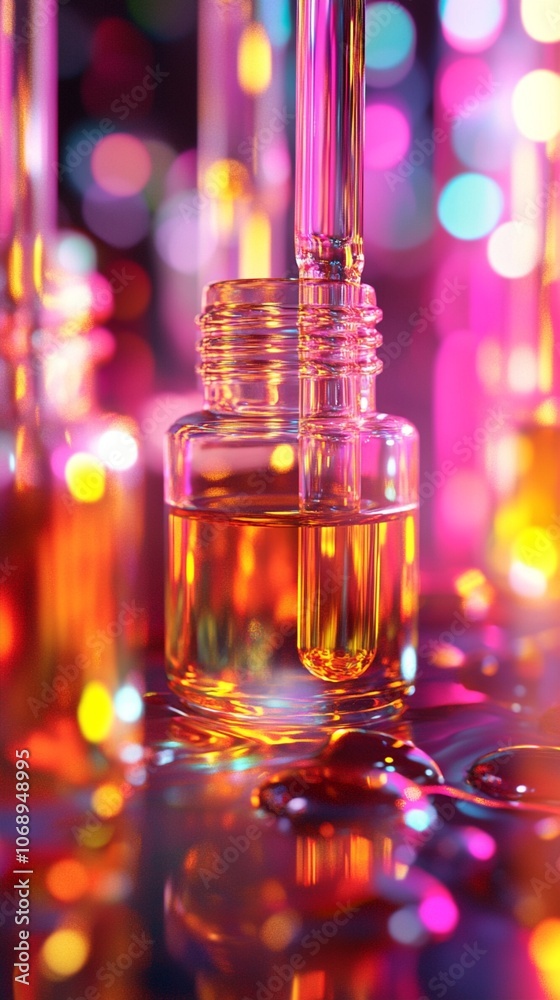Glowing amber liquid in glass dropper bottle, vibrant bokeh lights create magical atmosphere. Beauty product or essential oil concept in festive setting. Glowing amber liquid in glass dropper bottle, vibrant bokeh lights create magical atmosphere. Beauty product or essential oil concept in festive setting.