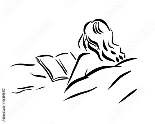 A modern woman reading a red book leaning back on a sofa in hand drawn line art.