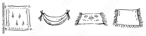 Hand drawn outline illustration of a magic flying carpet