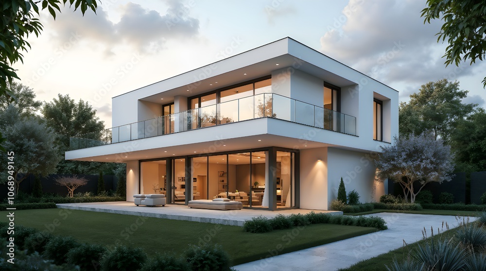 The image of a modern two-story house with a large glass facade, situated on a manicured lawn during sunset. Generative AI The image of a modern two-story house with a large glass facade, situated on a manicured lawn during sunset. Generative AI