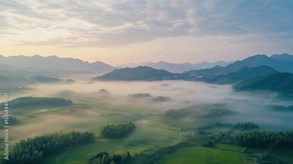 Aerial view of misty mountains and valleys during early morning light in a tranquil natural landscape Aerial view of misty mountains and valleys during early morning light in a tranquil natural landscape