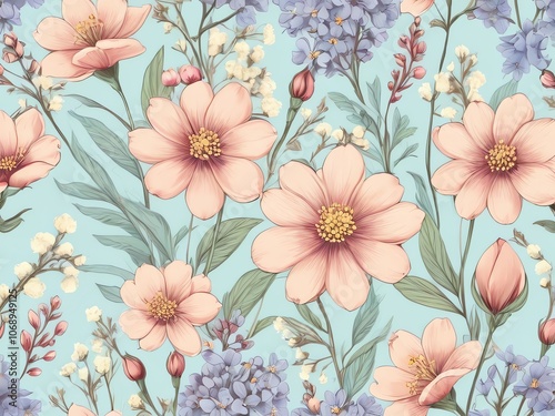 Floral Pattern with Pink Flowers and Blue Buds