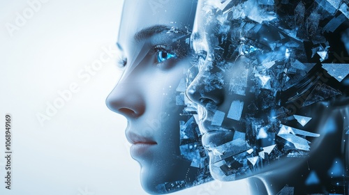 Abstract portrait of a woman with a digital, pixelated face. The image suggests the fusion of technology and humanity.