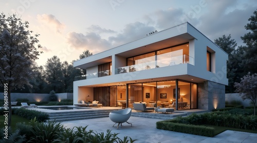 Wallpaper Mural The image of a modern two-story house with a large glass facade, situated on a manicured lawn during sunset. Generative AI Torontodigital.ca
