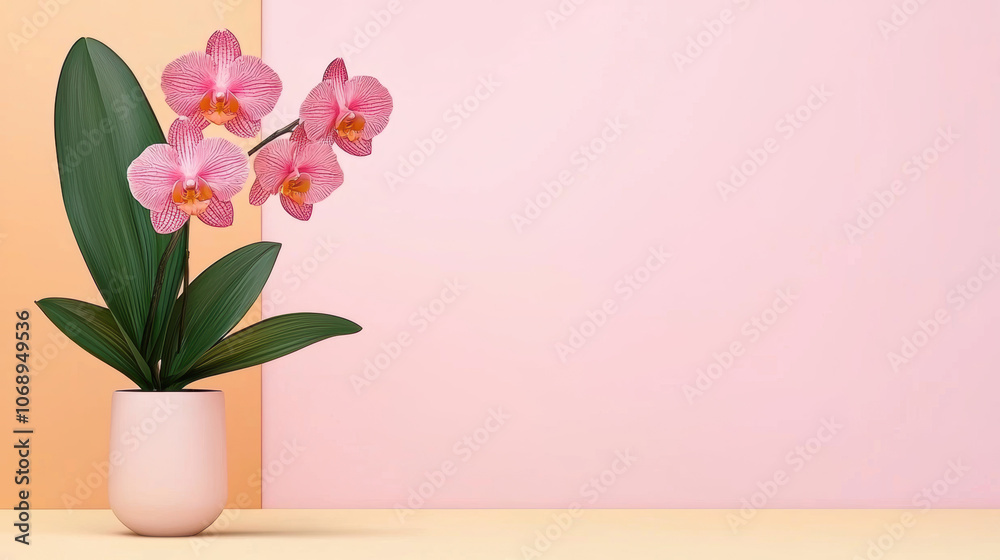 A vibrant pink orchid in a sleek vase sits against a pastel backdrop, adding a touch of elegance and natural beauty to the modern decor. A vibrant pink orchid in a sleek vase sits against a pastel backdrop, adding a touch of elegance and natural beauty to the modern decor.