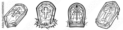 Coffin-shaped object surrounded by spider webs with a cross at its center