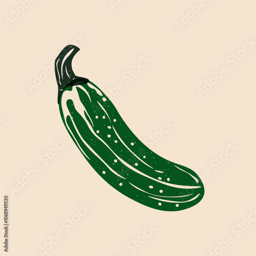 Fresh cucumber risograph effect. Cartoon organic vegetable with riso print texture, healthy diet food, green farm product. Vector isolated illustration