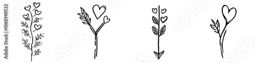 An arrow with hearts pointing left and up in a simple doodle design. An arrow mark icon for social media, banners, designs isolated on white.