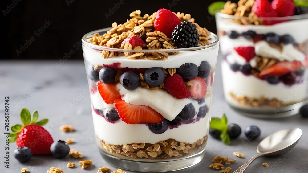 Greek yogurt parfait with layers of Greek yogurt, berries, granola, and a drizzle of honey Greek yogurt parfait with layers of Greek yogurt, berries, granola, and a drizzle of honey