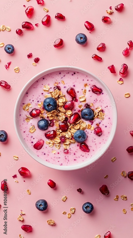 Vibrant pink smoothie bowl topped with blueberries, pomegranate seeds, and granola on a pink background. Fresh berries scattered around create a playful, healthy breakfast scene. Vibrant pink smoothie bowl topped with blueberries, pomegranate seeds, and granola on a pink background. Fresh berries scattered around create a playful, healthy breakfast scene.