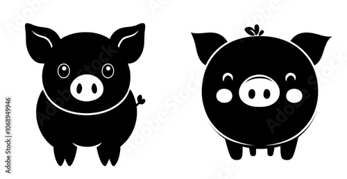The black and white illustration shows a cute stuffed cuddly pig