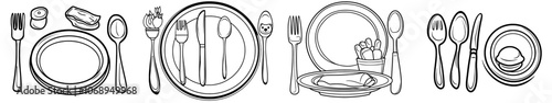 Food icon, spoon and plate, knife and plate, dinner food, restaurant icon, dinner dish set, tableware icon