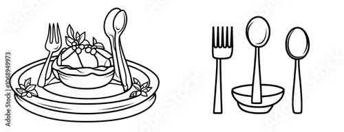 Food symbol, fork and plate, spoons and plate, dinner food, restaurant icon, dinner dish set, tableware icon