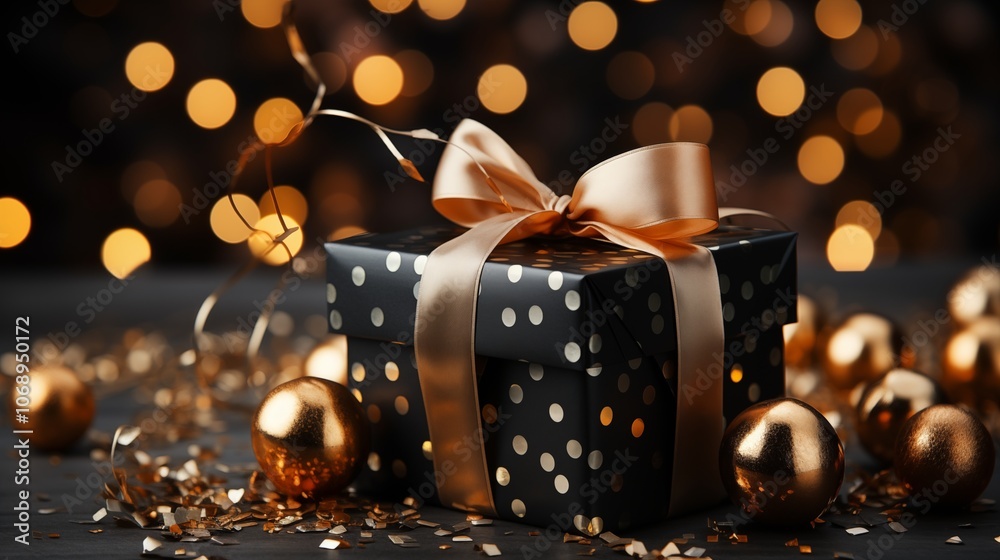 Luxurious black gift box with golden ribbon, set against a bokeh background, creating a festive, high-end holiday look. Luxurious black gift box with golden ribbon, set against a bokeh background, creating a festive, high-end holiday look.