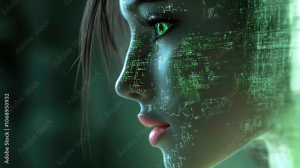 A futuristic humanoid with digital patterns on the skin, symbolizing technology and identity. A futuristic humanoid with digital patterns on the skin, symbolizing technology and identity.