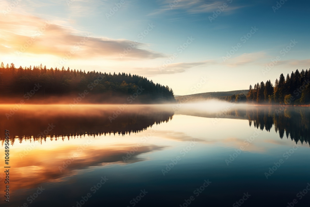 Tranquil Sunrise Over Misty Forest Lake Reflection Tranquil Sunrise Over Misty Forest Lake Reflection
