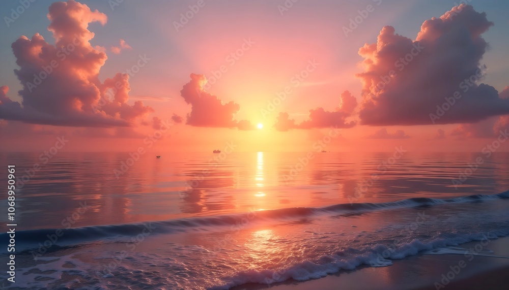 Stunning sunset over calm ocean waters with vibrant colors and dramatic clouds Stunning sunset over calm ocean waters with vibrant colors and dramatic clouds