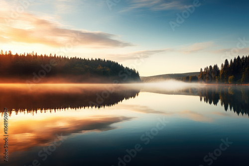 Tranquil Sunrise Over Misty Forest Lake Reflection