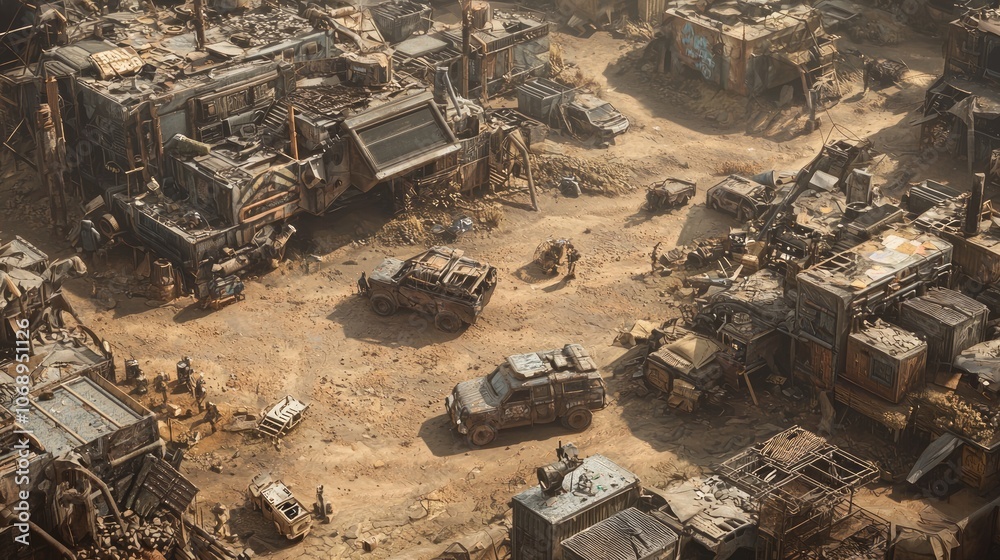 Post-Apocalyptic Dieselpunk Aerial View of Ingenious Salvaged Settlement with Diesel-Powered Vehicles in Ultra Detail