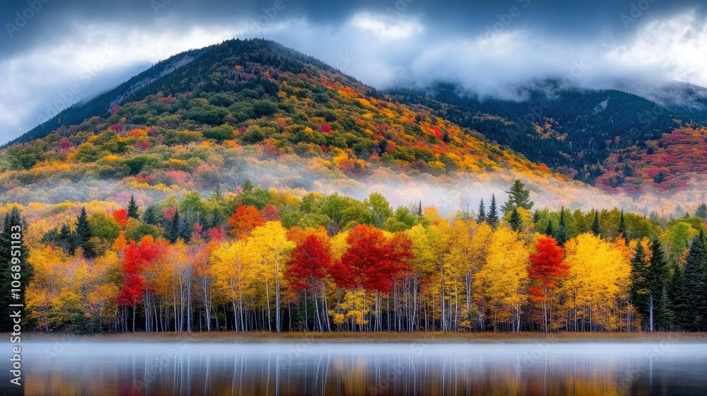 Fototapeta premium Evergreen trees on a foggy autumn day, surreal and peaceful