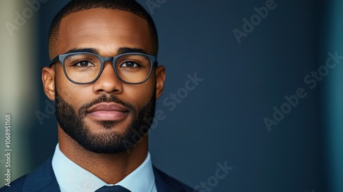 A confident man in a suit and glasses, showcasing a smart and professional appearance with a focused expression against a blurred background. Blank space