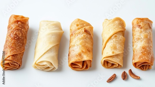 Set of Egg Rolls, isolated on white background, realistic style, detailed texture, food shot photo