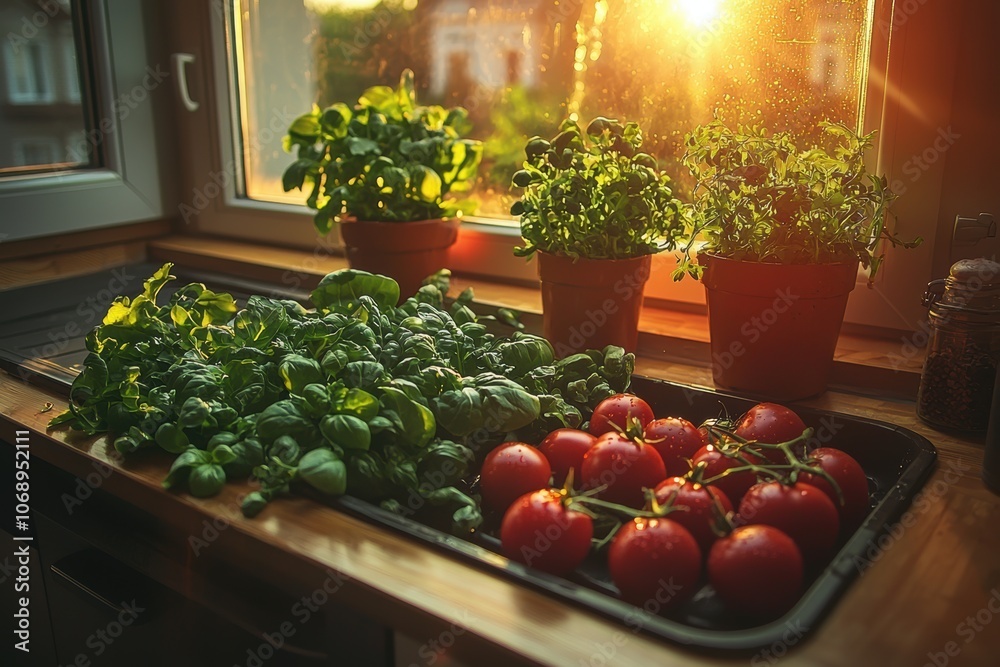 Fresh Vegetables and Herbs in Sunlit Kitchen Fresh Vegetables and Herbs in Sunlit Kitchen