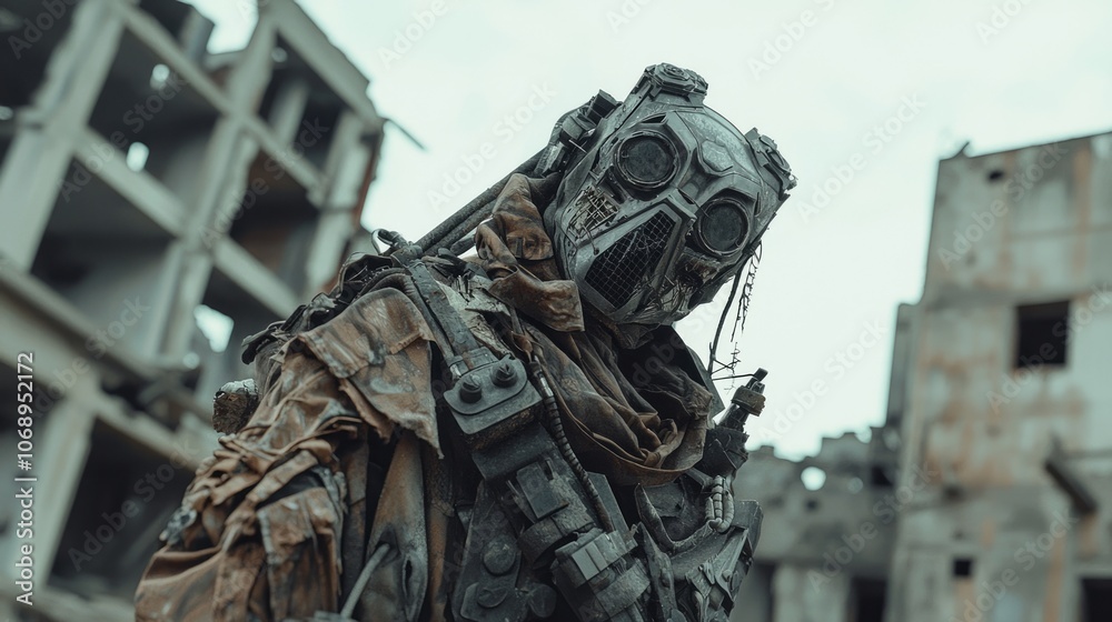 Post-Apocalyptic Dieselpunk Portrait of Defiant Scavenger in Ruined City Post-Apocalyptic Dieselpunk Portrait of Defiant Scavenger in Ruined City