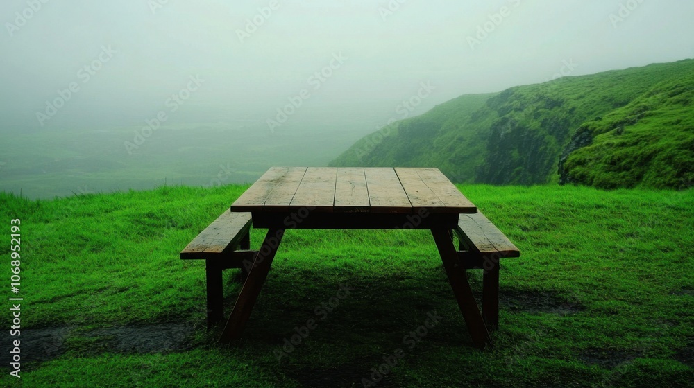 Wooden table in the middle of lush green grass, set on a rocky mountain cliff with vast landscapes beyond Wooden table in the middle of lush green grass, set on a rocky mountain cliff with vast landscapes beyond