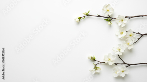 A serene arrangement of white flowers on delicate branches against a minimalist white background, evoking a sense of calm and beauty.