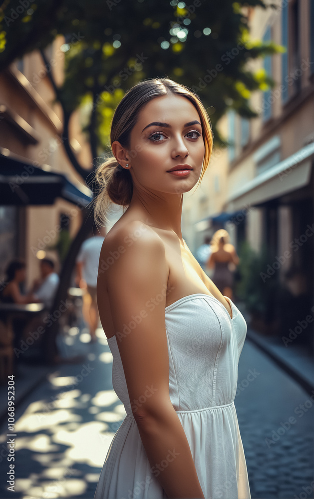 Portrait of a young dark-haired woman in a light summer dress on the streets of an old Mediterranean city. Walking around the city. Portrait of a young dark-haired woman in a light summer dress on the streets of an old Mediterranean city. Walking around the city.