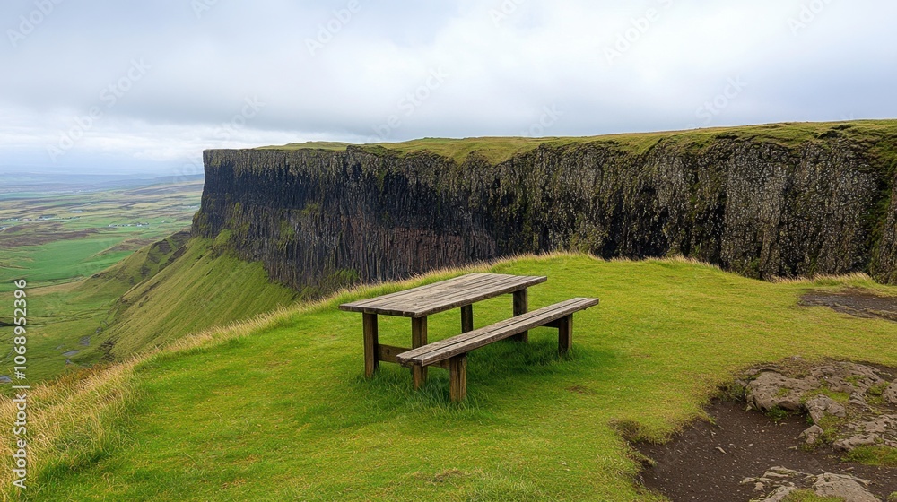 Wooden table in the middle of lush green grass, set on a rocky mountain cliff with vast landscapes beyond Wooden table in the middle of lush green grass, set on a rocky mountain cliff with vast landscapes beyond