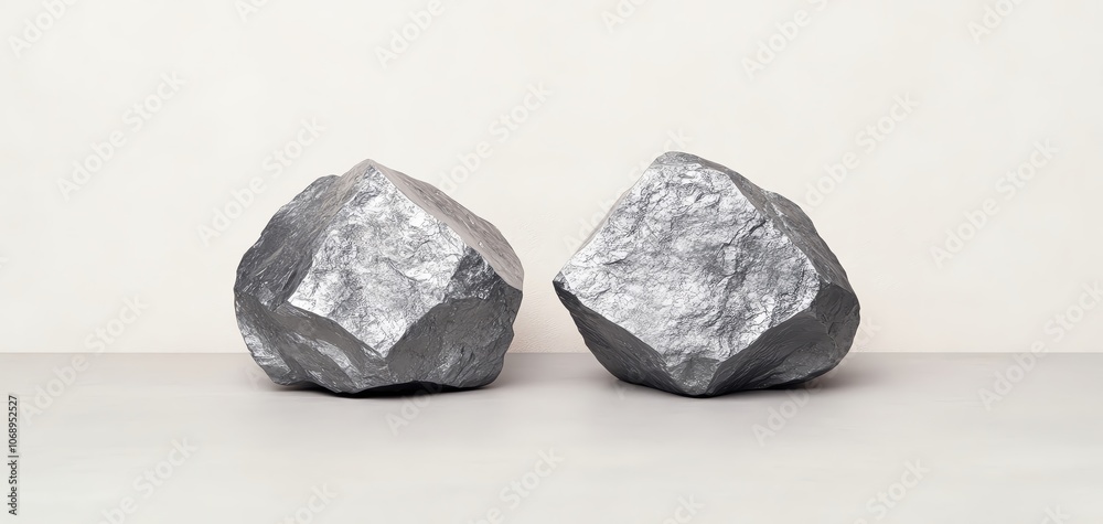 Two jagged metallic mineral stones on a smooth, neutral surface, highdefinition texture and sheen, representing natural resources, mining, and raw industrial materials Two jagged metallic mineral stones on a smooth, neutral surface, highdefinition texture and sheen, representing natural resources, mining, and raw industrial materials