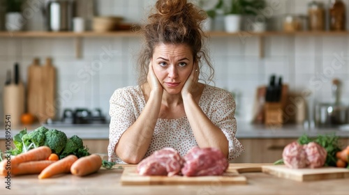 A woman sits at a kitchen table pondering meat choices while surrounded by fresh vegetables, illustrating the dilemma of dietary decisions in a cozy kitchen setting. photo