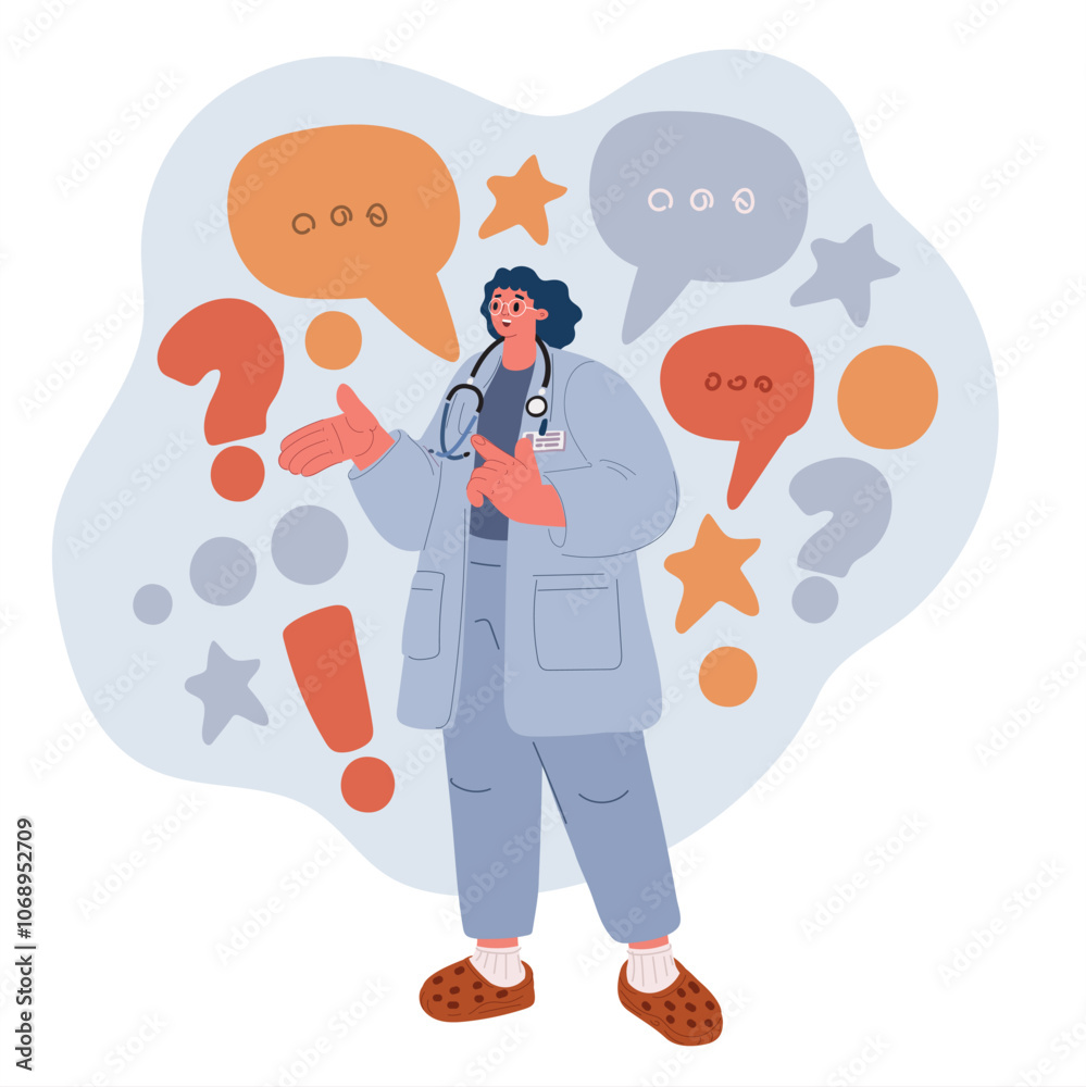 Obraz premium Cartoon vector illustration of a female doctor explaining something, symbolizing patient care, communication, and medical guidance