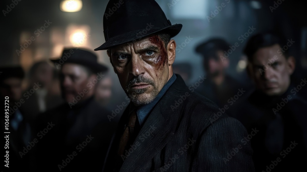 A serious man with a cut on his face, in a suit and fedora, stands determined and focused amidst a shadowy group, exuding an aura of mystery and intensity. A serious man with a cut on his face, in a suit and fedora, stands determined and focused amidst a shadowy group, exuding an aura of mystery and intensity.