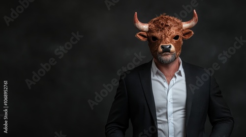 A man, dressed sharply in a suit, dons a realistic bull mask against a dark background, conveying themes of strength, mystery, and business in an unusual portrayal.