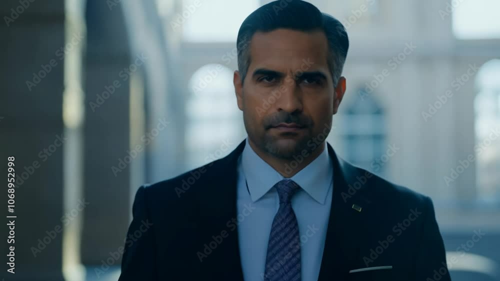 Confident lawyer walks towards camera, dolly zoom, soft light, establishing video. Confident lawyer walks towards camera, dolly zoom, soft light, establishing video.
